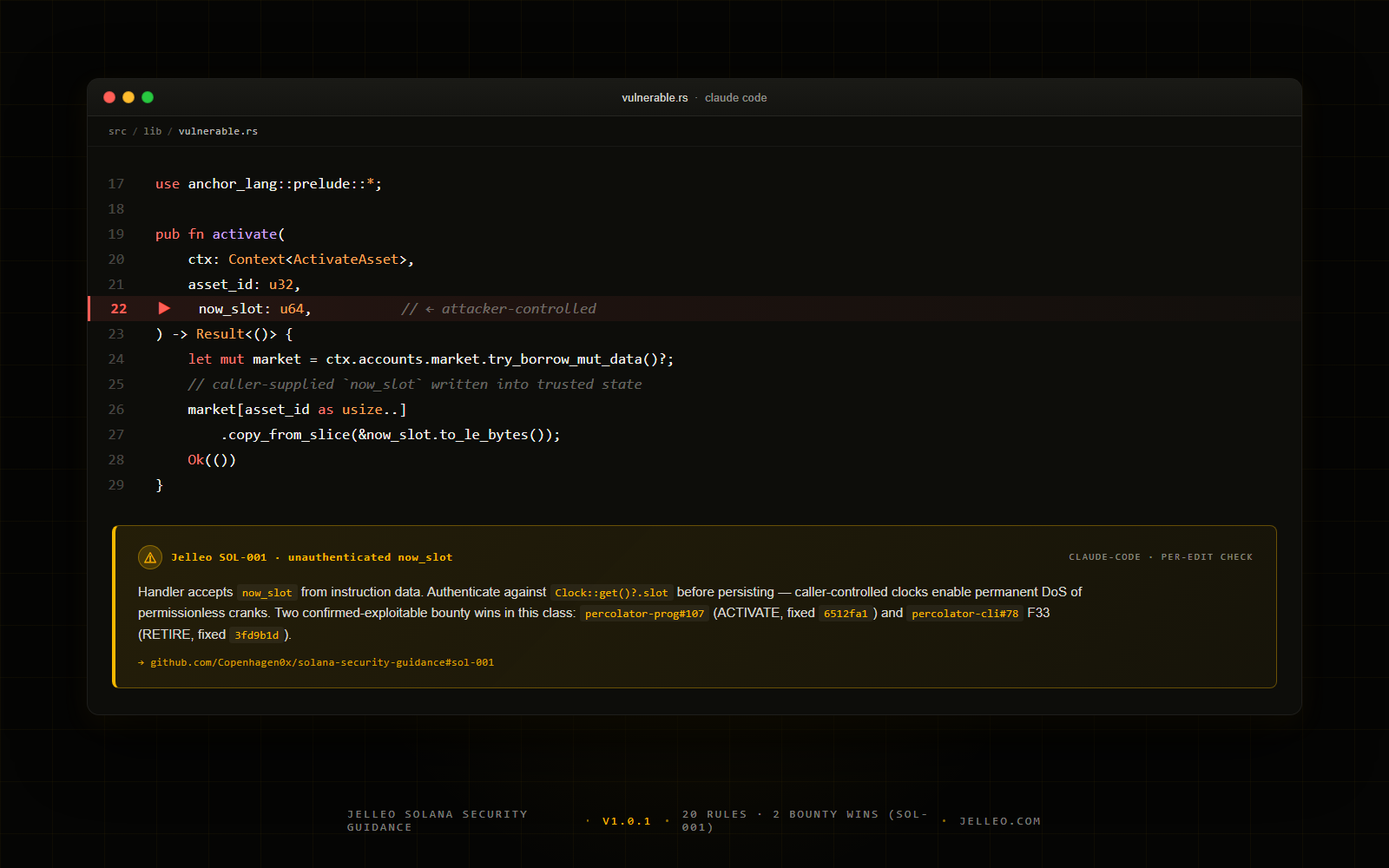 SOL-001 firing on a vulnerable Solana handler — Bounty 6 H2 case study